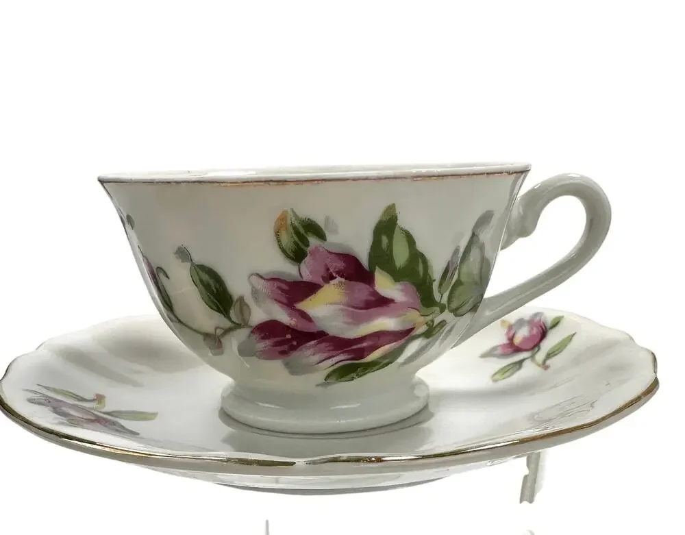 Vintage Japan Pink Magnolia Tea Cup & 4 Saucers Set Gold Trim Floral